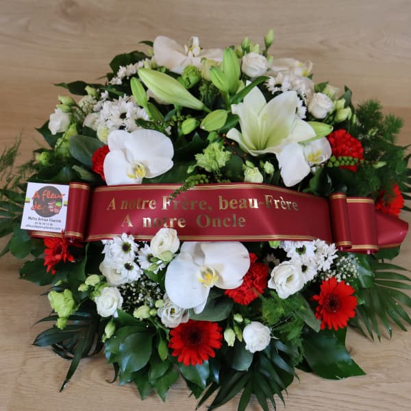 Coussin rond naturel blanc et rouge